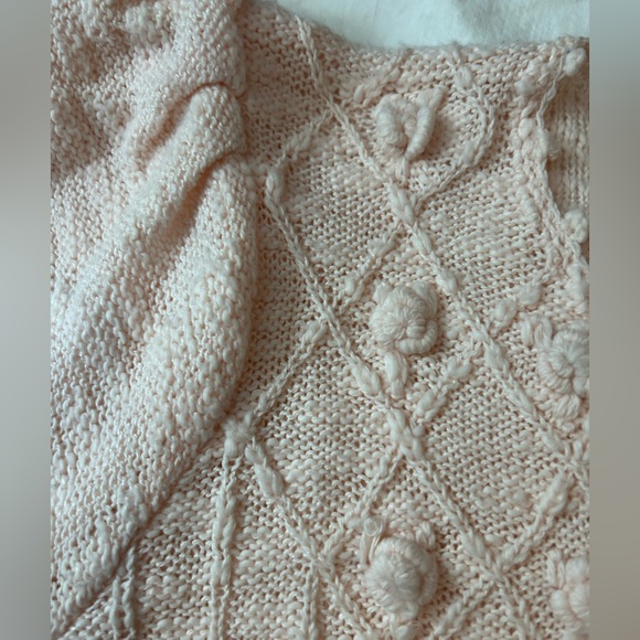 VINTAGE 80s LIANA’S‎ PETITES Pale Pink Pointelle Rosette Sweater Puff Sleeve S - Picture 5 of 10